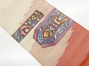 手織り紬抽象曲線に花模様織出し洒落袋帯